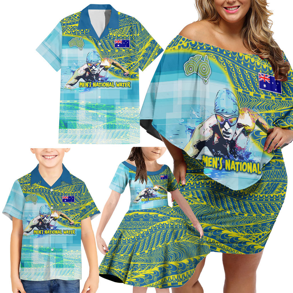 Australia Men National Water Polo Team Family Matching Off Shoulder Short Dress and Hawaiian Shirt Aboriginal Dot Art Style Patriotic Aquatic Sport