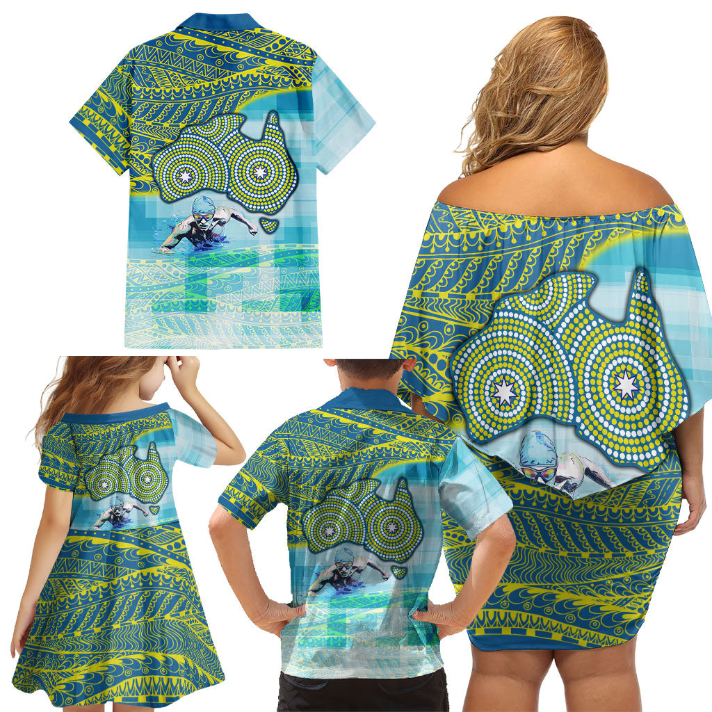 Australia Men National Water Polo Team Family Matching Off Shoulder Short Dress and Hawaiian Shirt Aboriginal Dot Art Style Patriotic Aquatic Sport