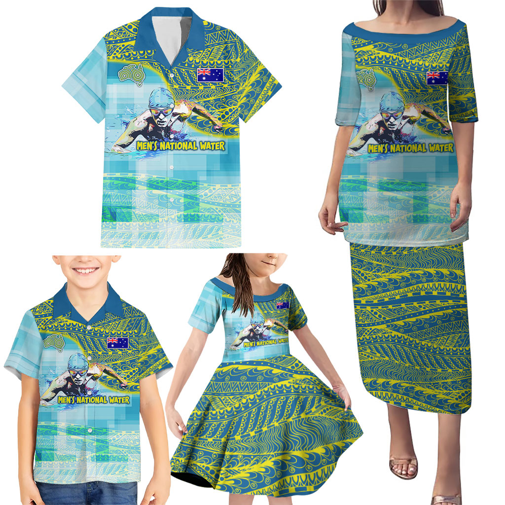 Australia Men National Water Polo Team Family Matching Puletasi and Hawaiian Shirt Aboriginal Dot Art Style Patriotic Aquatic Sport