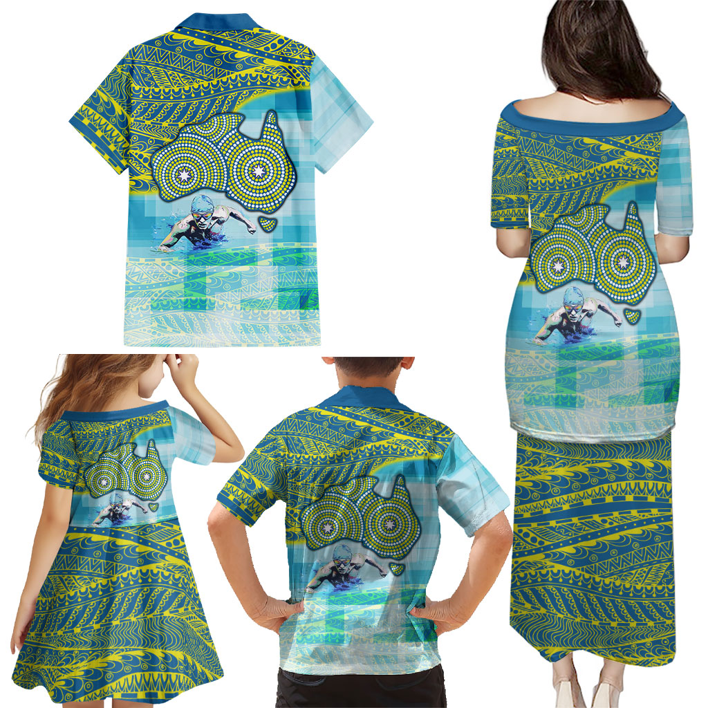 Australia Men National Water Polo Team Family Matching Puletasi and Hawaiian Shirt Aboriginal Dot Art Style Patriotic Aquatic Sport