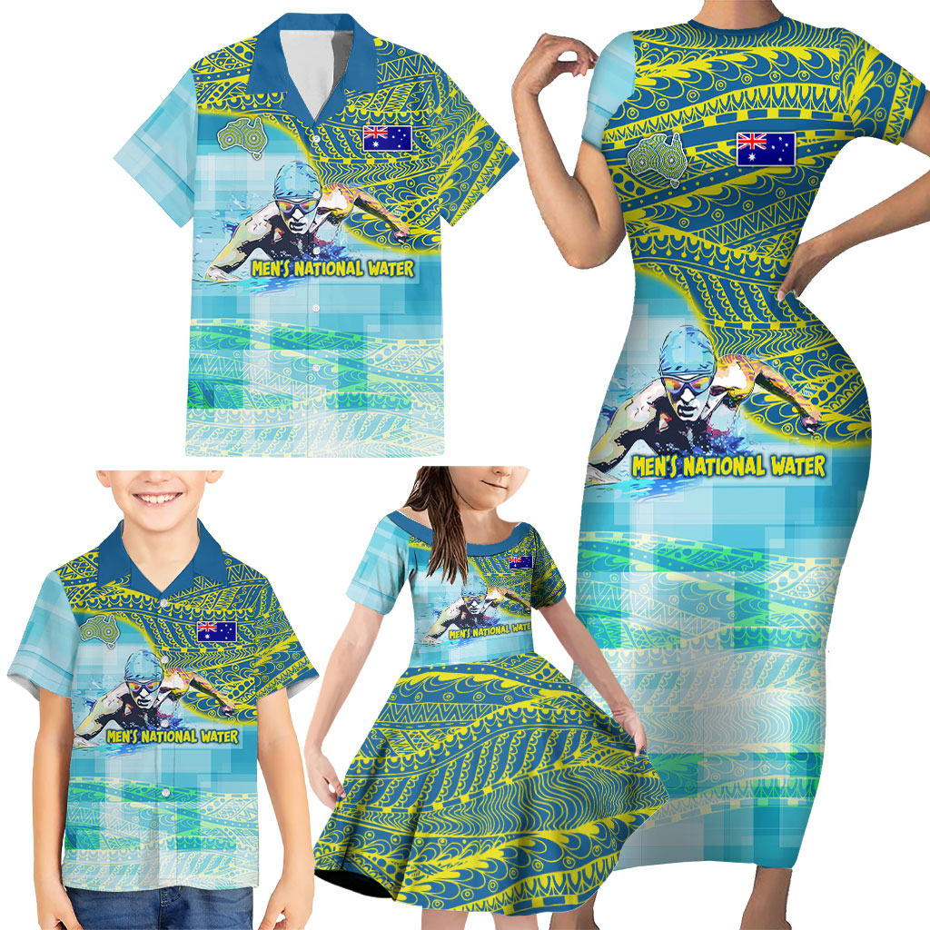Australia Men National Water Polo Team Family Matching Short Sleeve Bodycon Dress and Hawaiian Shirt Aboriginal Dot Art Style Patriotic Aquatic Sport