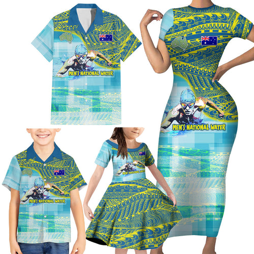 Australia Men National Water Polo Team Family Matching Short Sleeve Bodycon Dress and Hawaiian Shirt Aboriginal Dot Art Style Patriotic Aquatic Sport