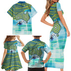 Australia Men National Water Polo Team Family Matching Short Sleeve Bodycon Dress and Hawaiian Shirt Aboriginal Dot Art Style Patriotic Aquatic Sport