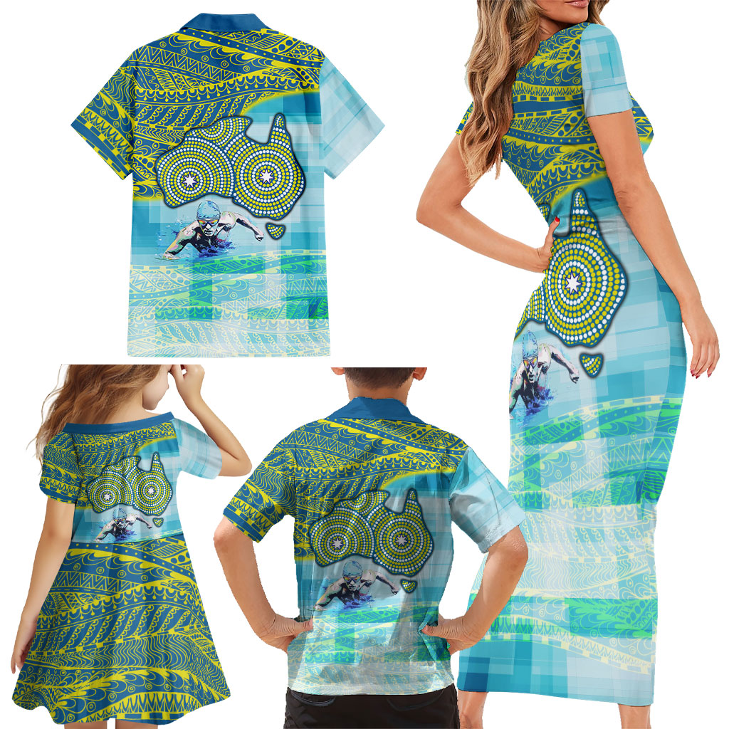Australia Men National Water Polo Team Family Matching Short Sleeve Bodycon Dress and Hawaiian Shirt Aboriginal Dot Art Style Patriotic Aquatic Sport