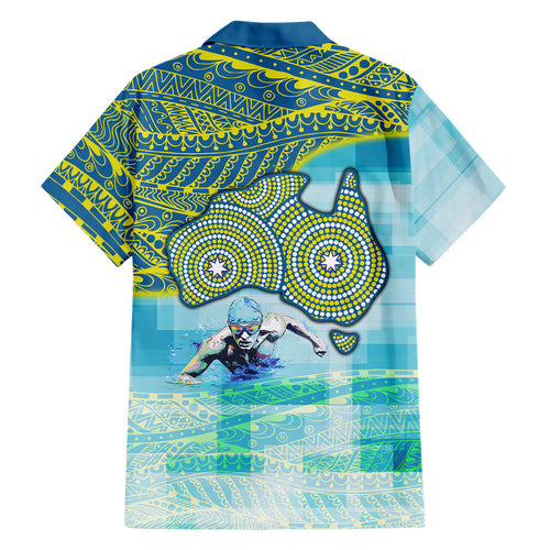 Australia Men National Water Polo Team Family Matching Short Sleeve Bodycon Dress and Hawaiian Shirt Aboriginal Dot Art Style Patriotic Aquatic Sport