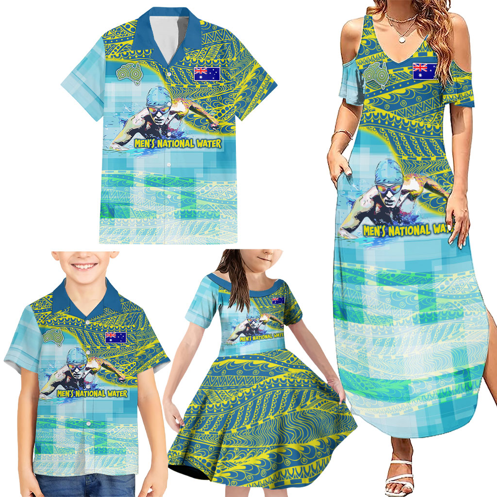 Australia Men National Water Polo Team Family Matching Summer Maxi Dress and Hawaiian Shirt Aboriginal Dot Art Style Patriotic Aquatic Sport