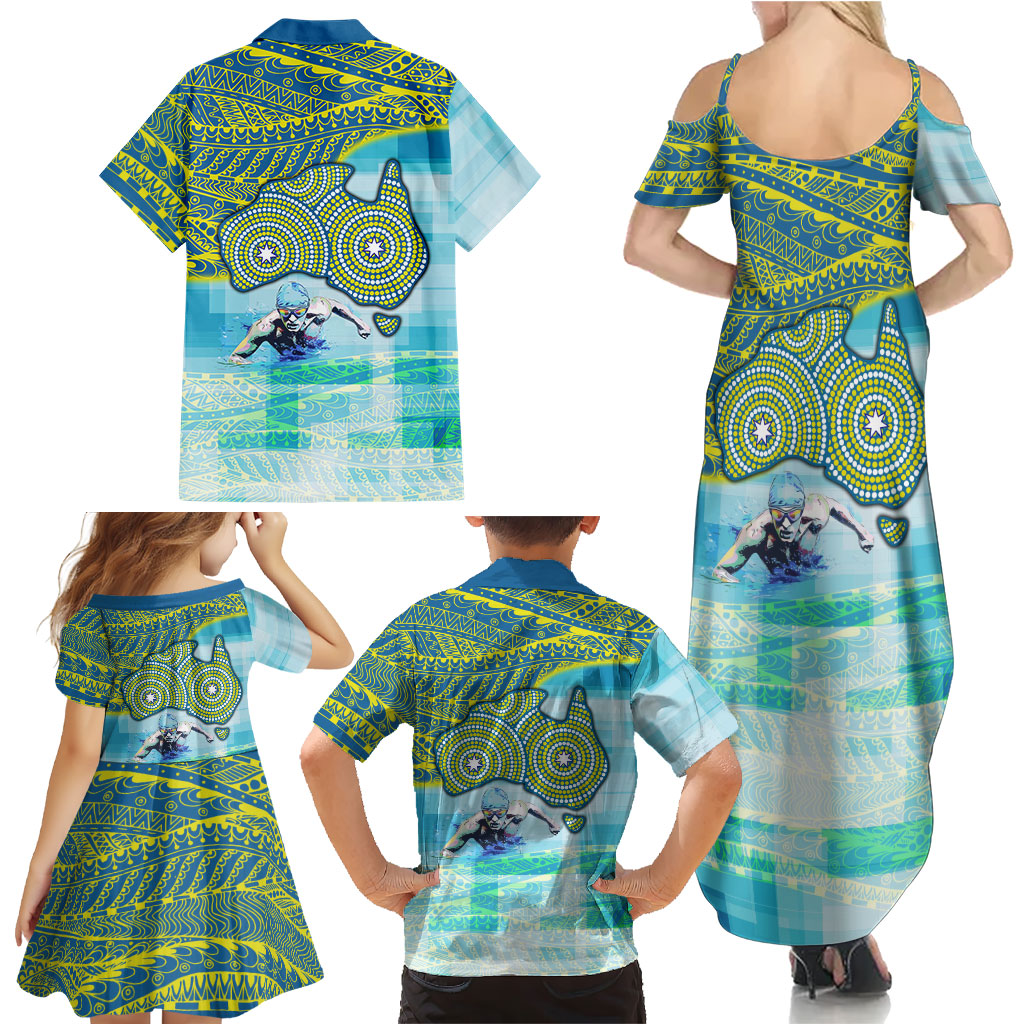 Australia Men National Water Polo Team Family Matching Summer Maxi Dress and Hawaiian Shirt Aboriginal Dot Art Style Patriotic Aquatic Sport