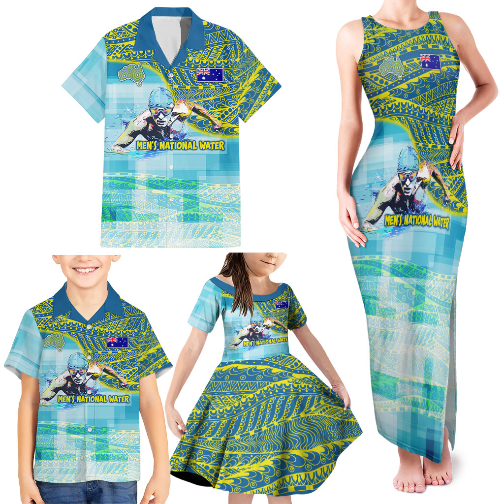 Australia Men National Water Polo Team Family Matching Tank Maxi Dress and Hawaiian Shirt Aboriginal Dot Art Style Patriotic Aquatic Sport