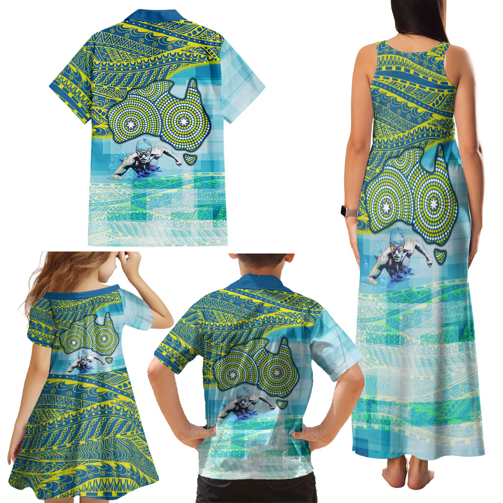 Australia Men National Water Polo Team Family Matching Tank Maxi Dress and Hawaiian Shirt Aboriginal Dot Art Style Patriotic Aquatic Sport