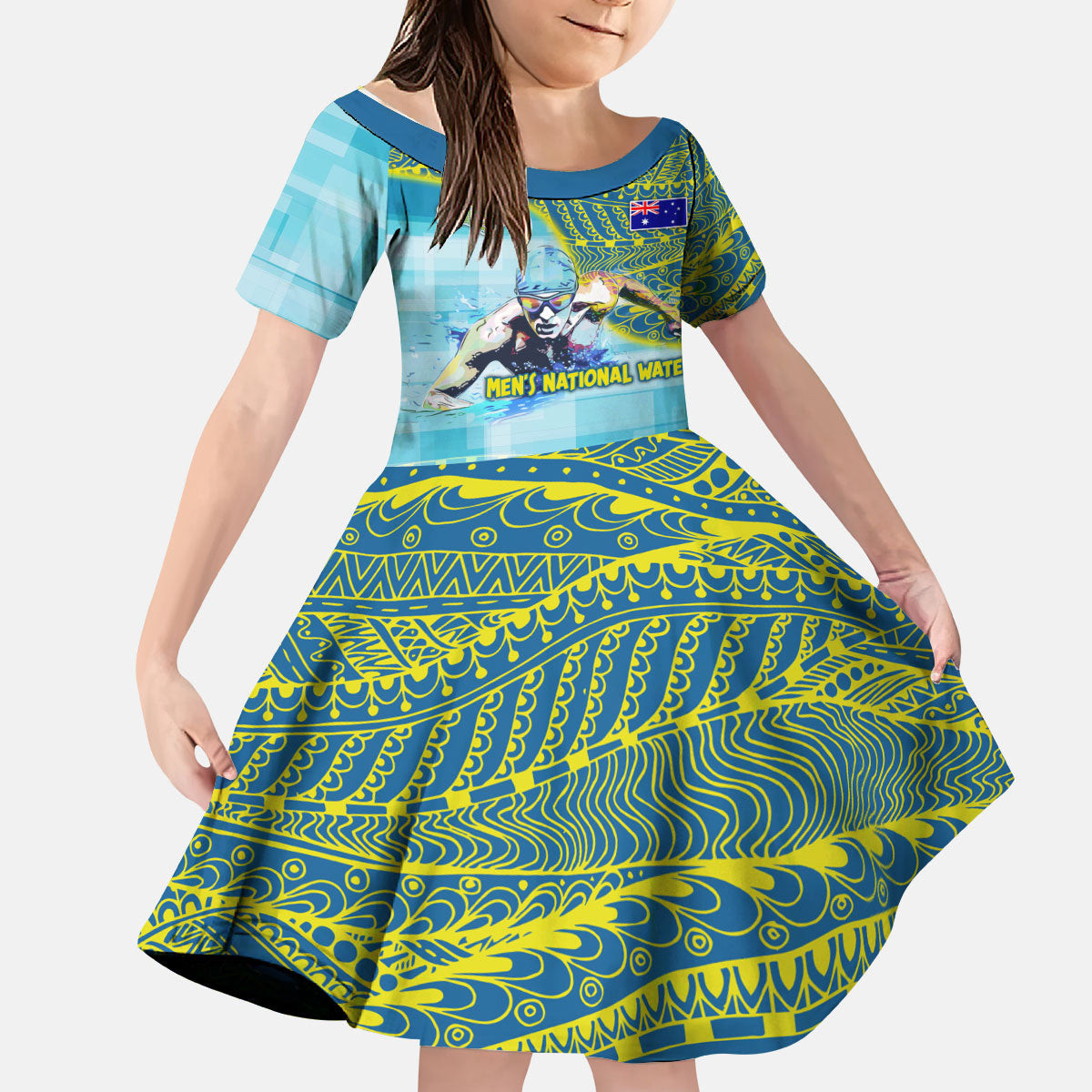 Australia Men National Water Polo Team Kid Short Sleeve Dress Aboriginal Dot Art Style Patriotic Aquatic Sport