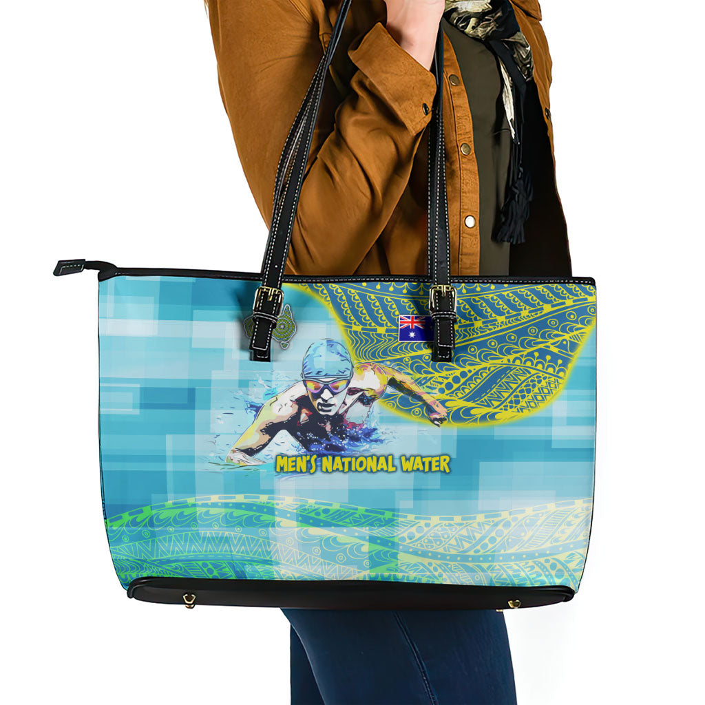 Australia Men National Water Polo Team Leather Tote Bag Aboriginal Dot Art Style Patriotic Aquatic Sport