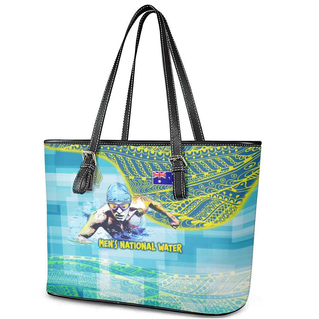 Australia Men National Water Polo Team Leather Tote Bag Aboriginal Dot Art Style Patriotic Aquatic Sport