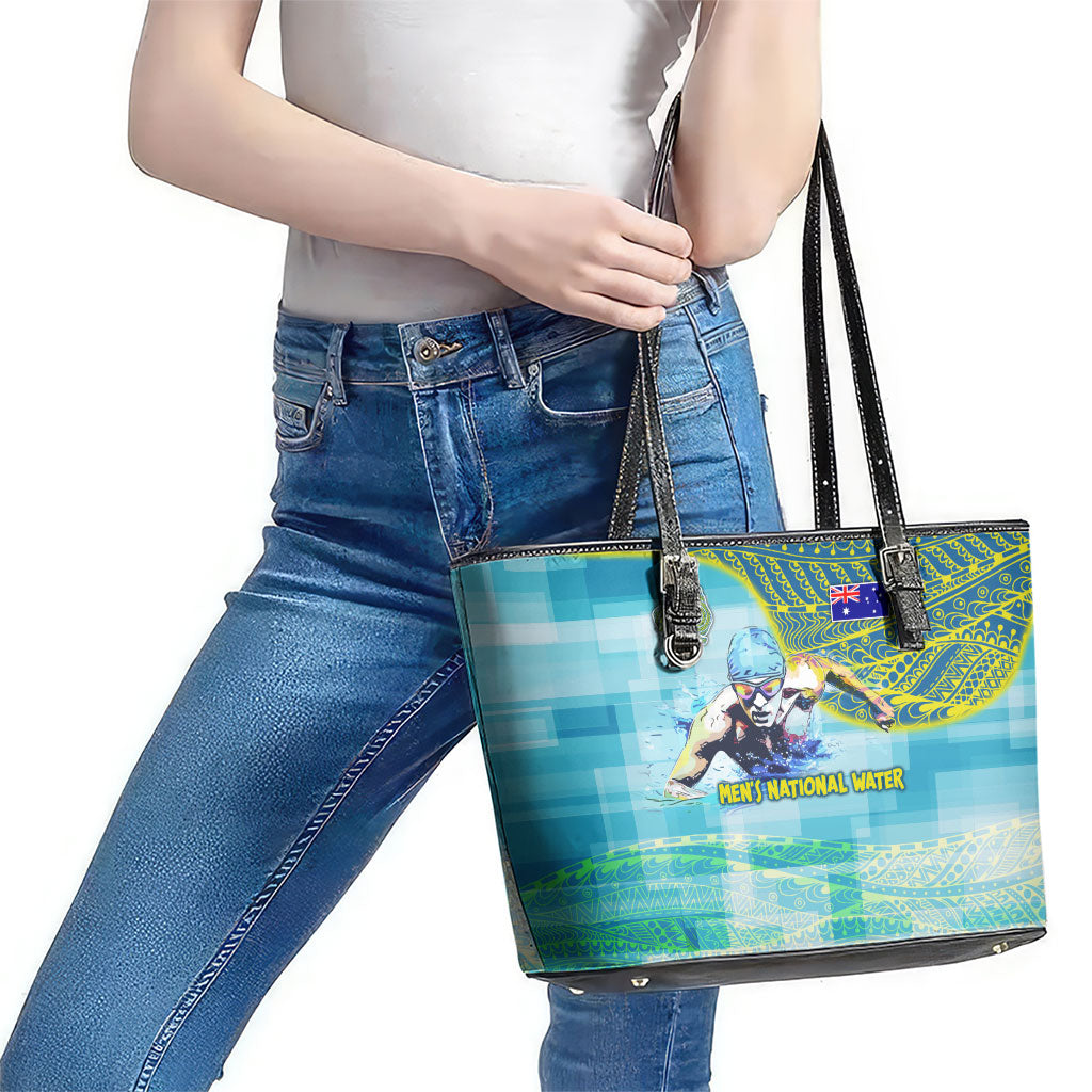 Australia Men National Water Polo Team Leather Tote Bag Aboriginal Dot Art Style Patriotic Aquatic Sport
