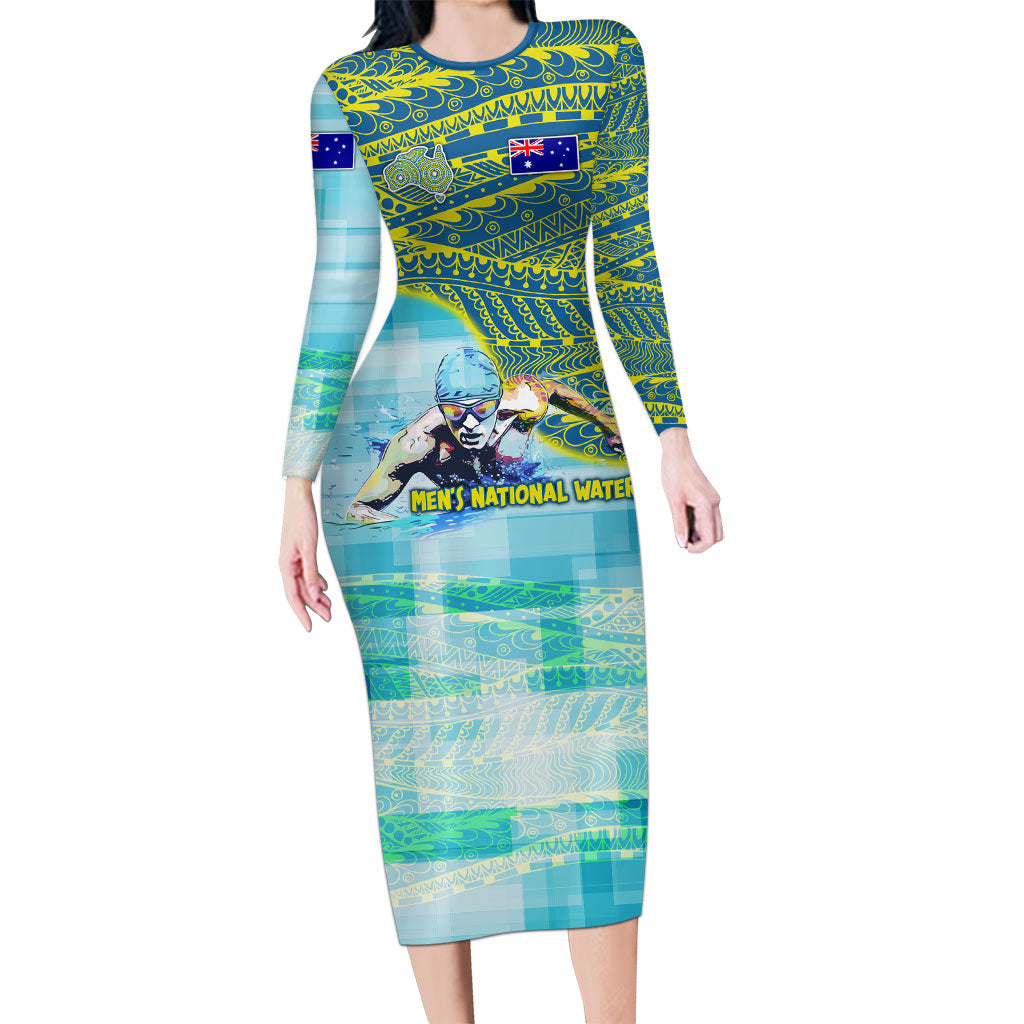 Australia Men National Water Polo Team Long Sleeve Bodycon Dress Aboriginal Dot Art Style Patriotic Aquatic Sport