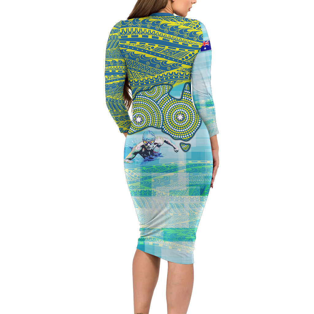 Australia Men National Water Polo Team Long Sleeve Bodycon Dress Aboriginal Dot Art Style Patriotic Aquatic Sport