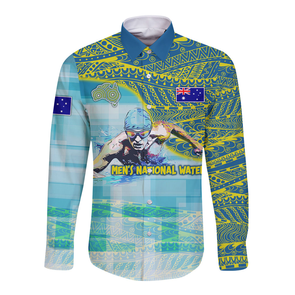 Australia Men National Water Polo Team Long Sleeve Button Shirt Aboriginal Dot Art Style Patriotic Aquatic Sport