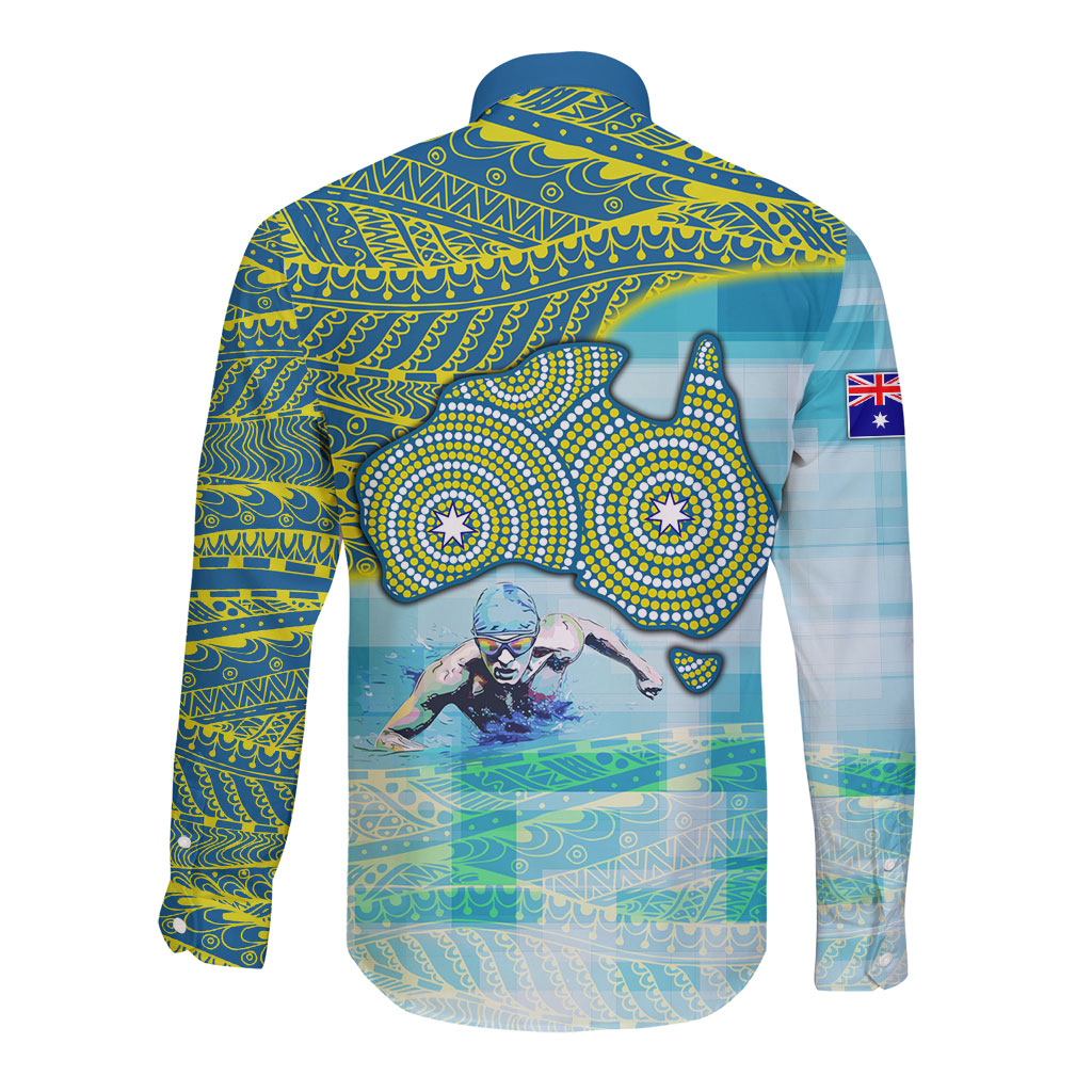Australia Men National Water Polo Team Long Sleeve Button Shirt Aboriginal Dot Art Style Patriotic Aquatic Sport