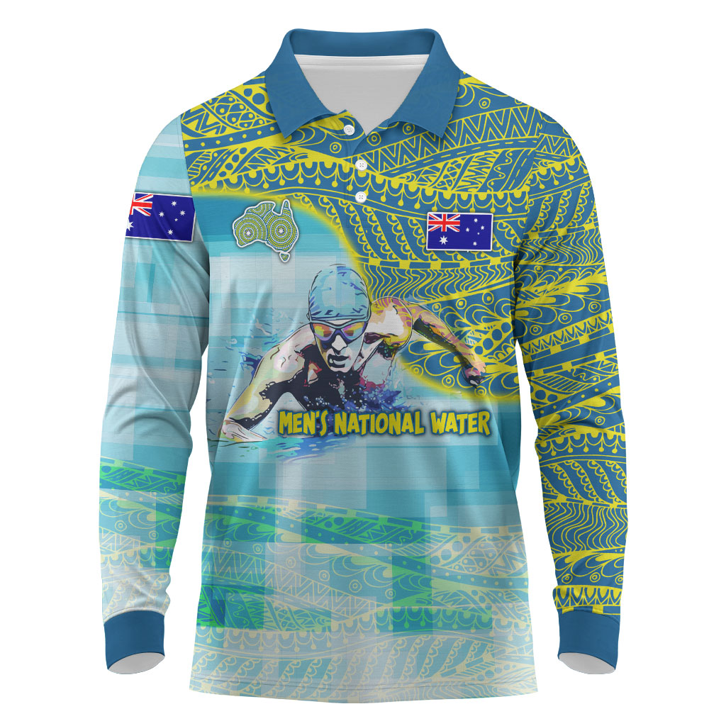 Australia Men National Water Polo Team Long Sleeve Polo Shirt Aboriginal Dot Art Style Patriotic Aquatic Sport