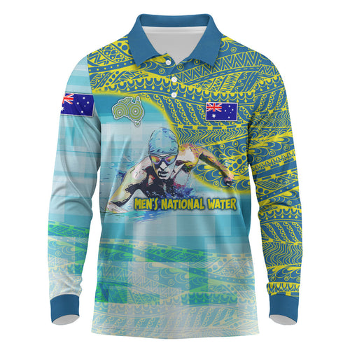 Australia Men National Water Polo Team Long Sleeve Polo Shirt Aboriginal Dot Art Style Patriotic Aquatic Sport
