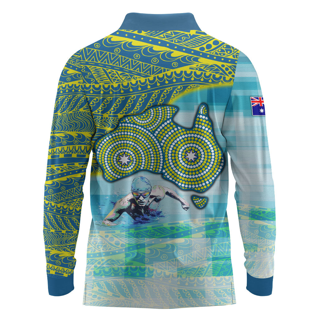 Australia Men National Water Polo Team Long Sleeve Polo Shirt Aboriginal Dot Art Style Patriotic Aquatic Sport
