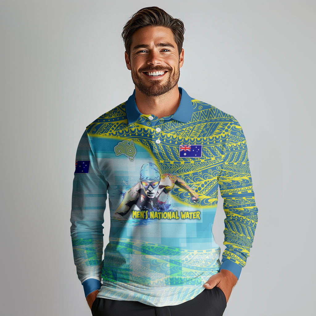 Australia Men National Water Polo Team Long Sleeve Polo Shirt Aboriginal Dot Art Style Patriotic Aquatic Sport