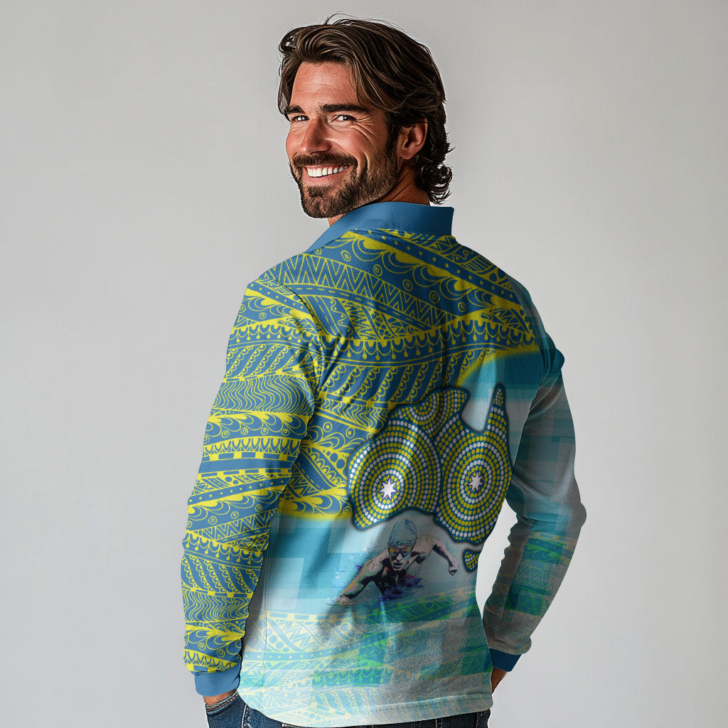 Australia Men National Water Polo Team Long Sleeve Polo Shirt Aboriginal Dot Art Style Patriotic Aquatic Sport