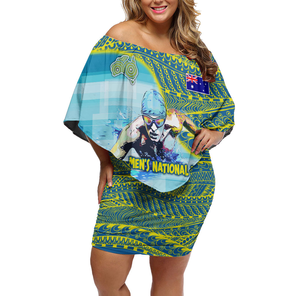 Australia Men National Water Polo Team Off Shoulder Short Dress Aboriginal Dot Art Style Patriotic Aquatic Sport