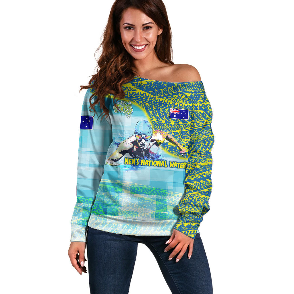 Australia Men National Water Polo Team Off Shoulder Sweater Aboriginal Dot Art Style Patriotic Aquatic Sport