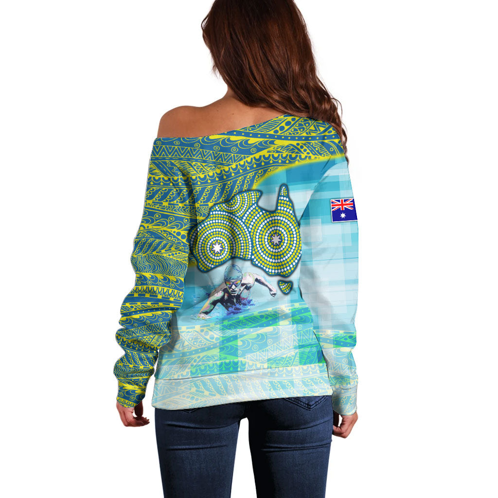Australia Men National Water Polo Team Off Shoulder Sweater Aboriginal Dot Art Style Patriotic Aquatic Sport