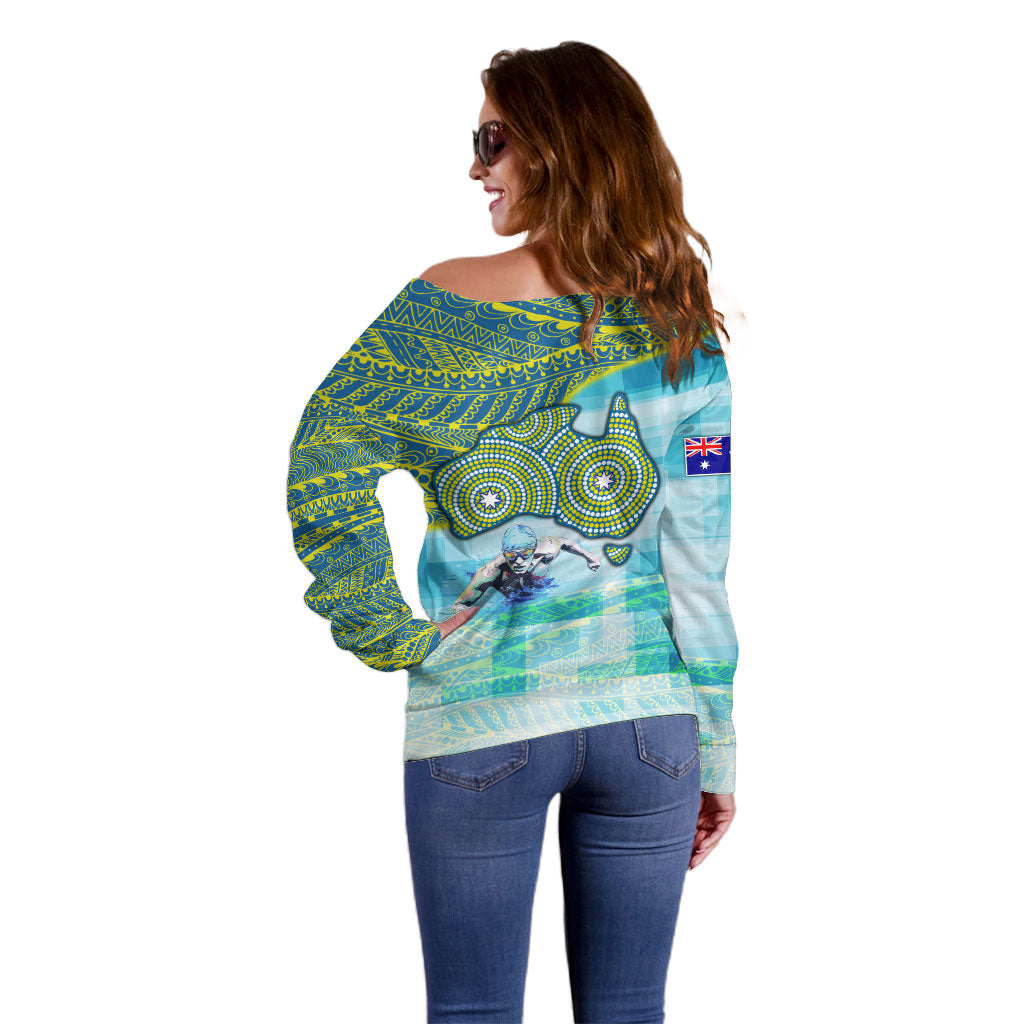 Australia Men National Water Polo Team Off Shoulder Sweater Aboriginal Dot Art Style Patriotic Aquatic Sport