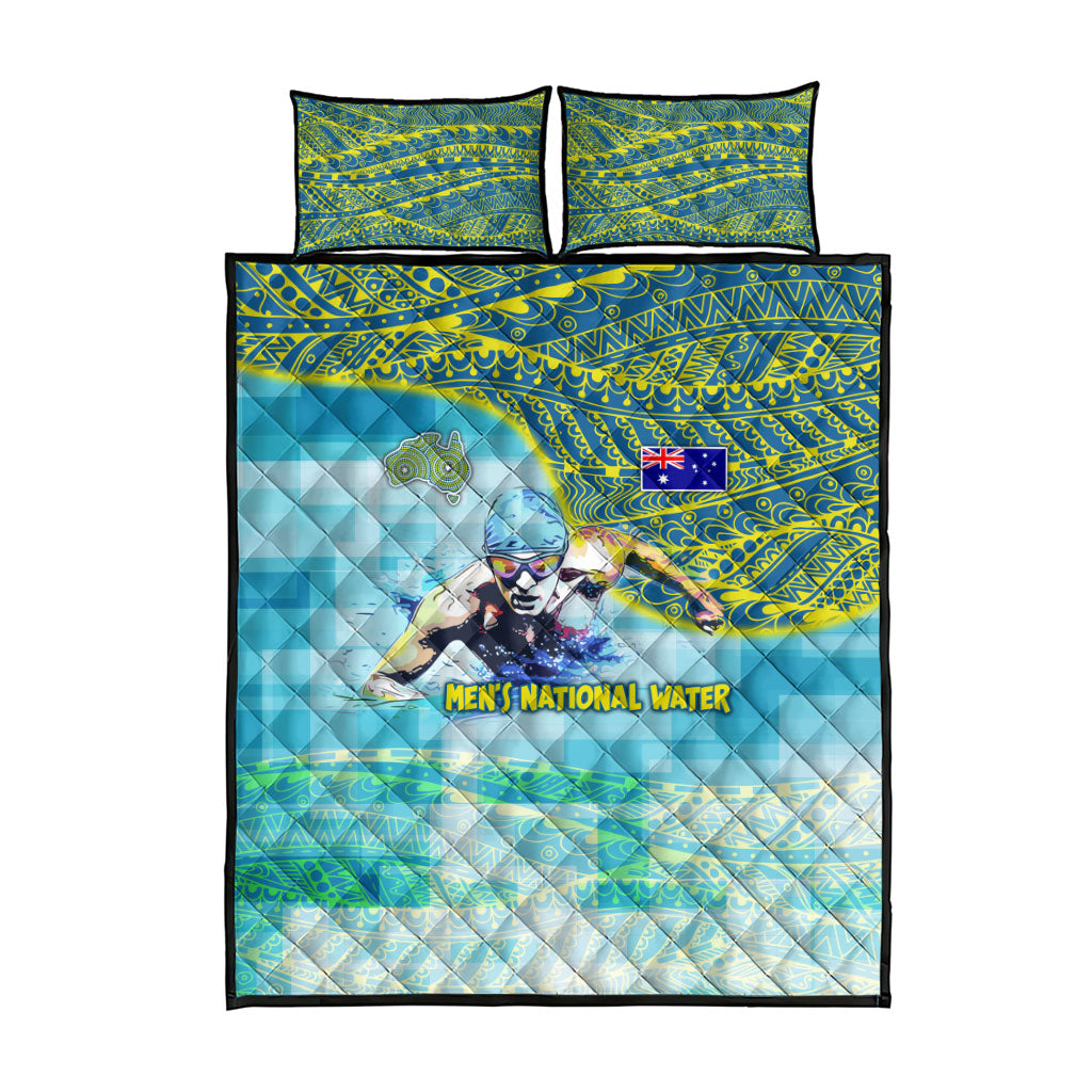 Australia Men National Water Polo Team Quilt Bed Set Aboriginal Dot Art Style Patriotic Aquatic Sport