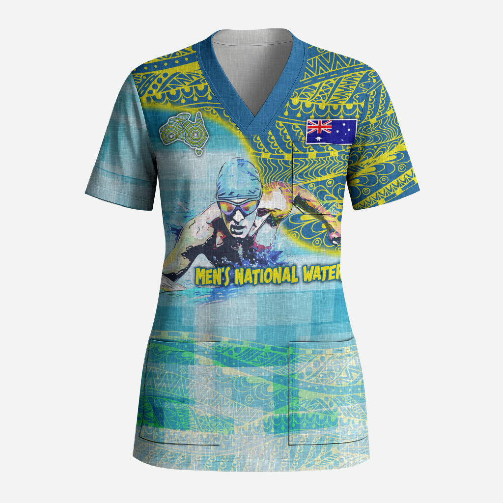 Australia Men National Water Polo Team Scrub Top Aboriginal Dot Art Style Patriotic Aquatic Sport