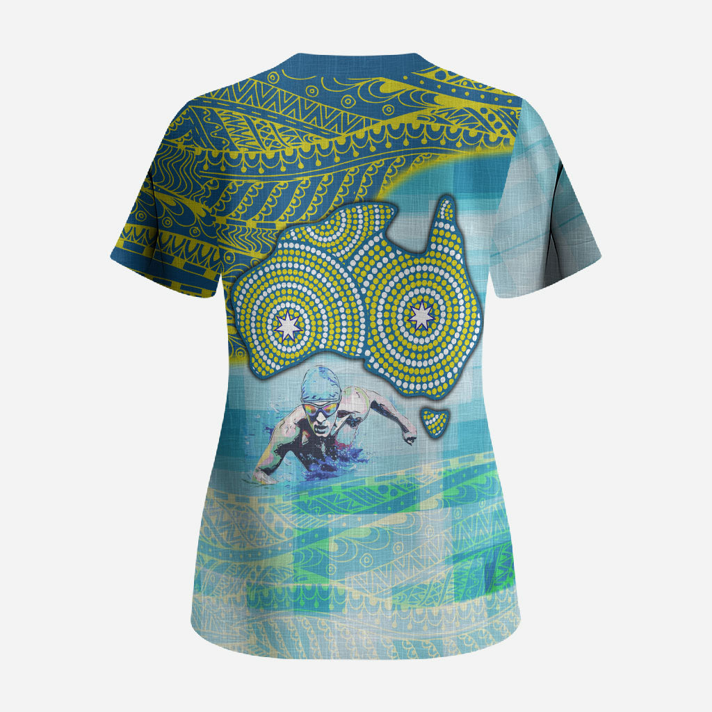 Australia Men National Water Polo Team Scrub Top Aboriginal Dot Art Style Patriotic Aquatic Sport