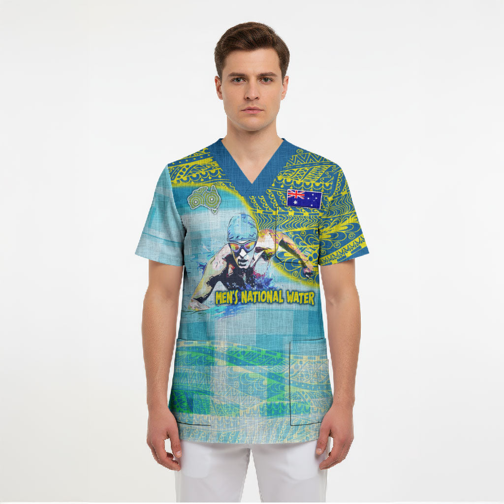 Australia Men National Water Polo Team Scrub Top Aboriginal Dot Art Style Patriotic Aquatic Sport