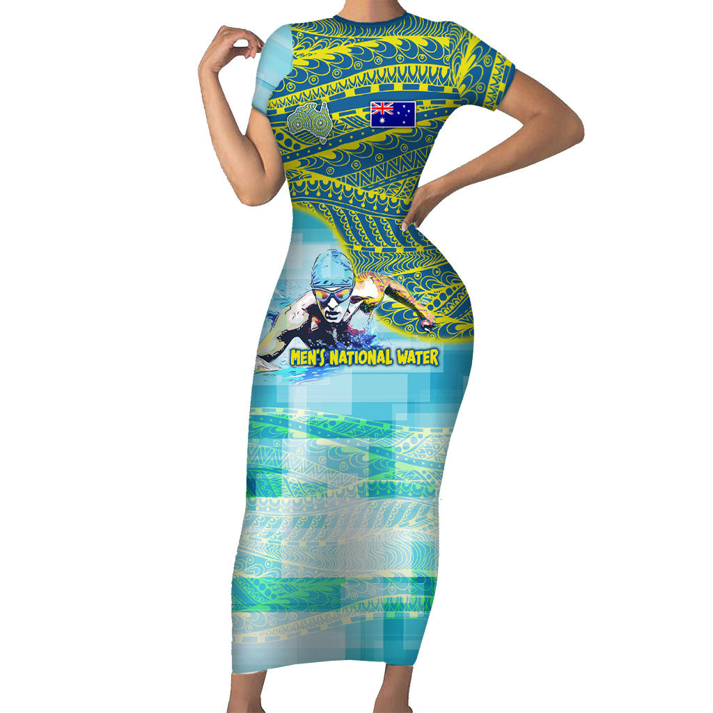 Australia Men National Water Polo Team Short Sleeve Bodycon Dress Aboriginal Dot Art Style Patriotic Aquatic Sport