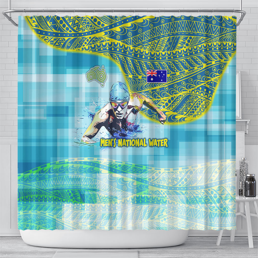 Australia Men National Water Polo Team Shower Curtain Aboriginal Dot Art Style Patriotic Aquatic Sport