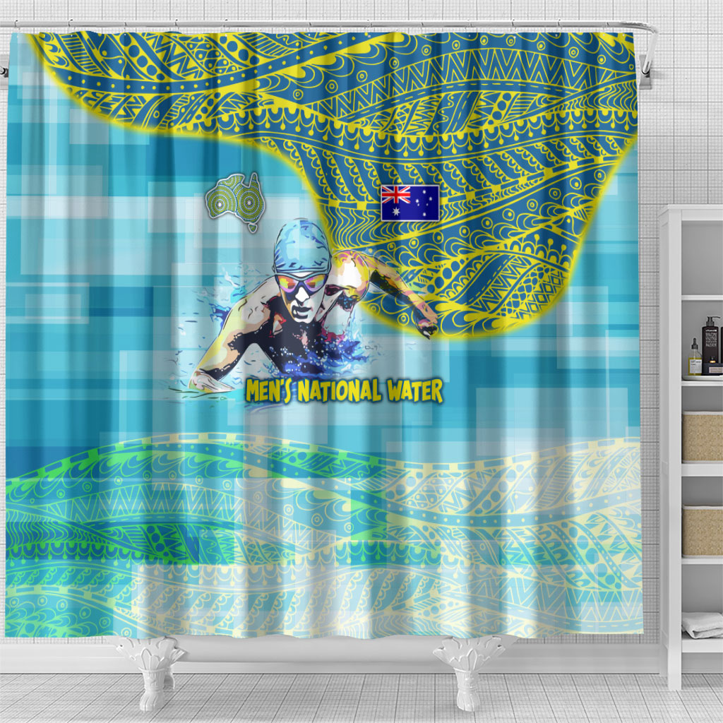 Australia Men National Water Polo Team Shower Curtain Aboriginal Dot Art Style Patriotic Aquatic Sport
