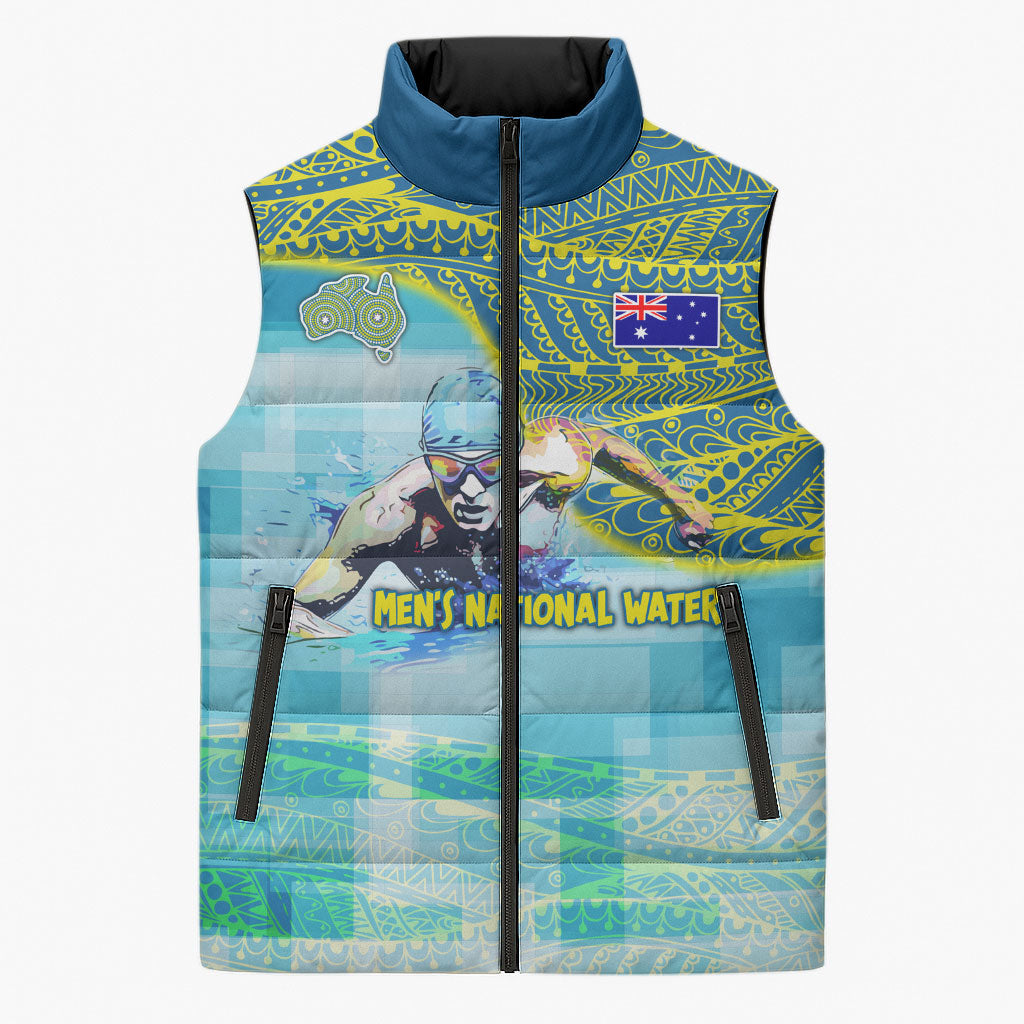 Australia Men National Water Polo Team Sleeveless Puffer Jacket Aboriginal Dot Art Style Patriotic Aquatic Sport