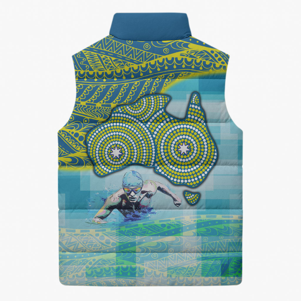 Australia Men National Water Polo Team Sleeveless Puffer Jacket Aboriginal Dot Art Style Patriotic Aquatic Sport