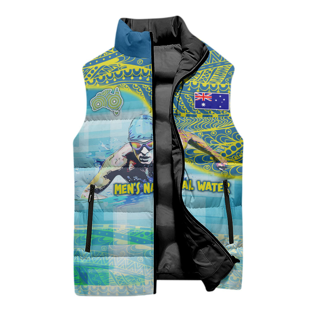 Australia Men National Water Polo Team Sleeveless Puffer Jacket Aboriginal Dot Art Style Patriotic Aquatic Sport