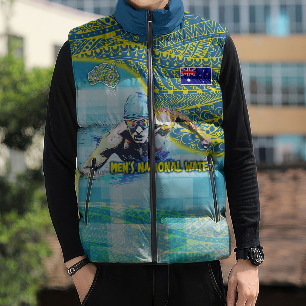 Australia Men National Water Polo Team Sleeveless Puffer Jacket Aboriginal Dot Art Style Patriotic Aquatic Sport
