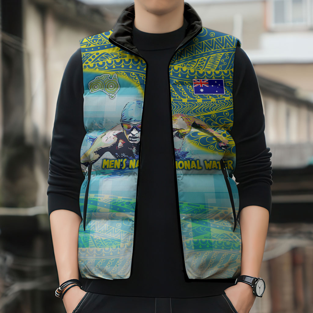 Australia Men National Water Polo Team Sleeveless Puffer Jacket Aboriginal Dot Art Style Patriotic Aquatic Sport