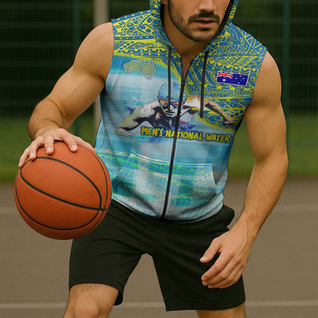Australia Men National Water Polo Team Sleeveless Zip Hoodie Aboriginal Dot Art Style Patriotic Aquatic Sport