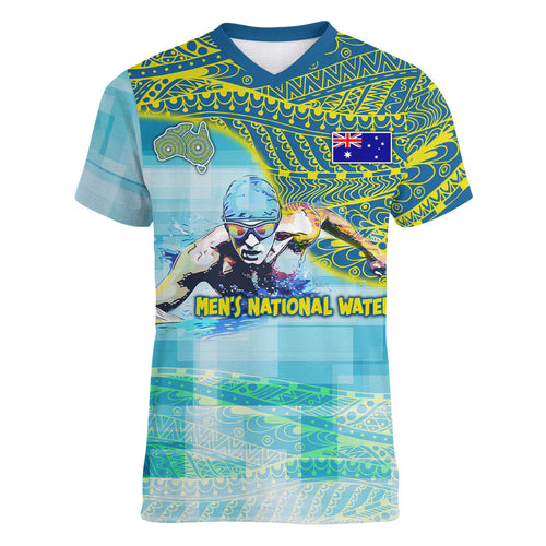 Australia Men National Water Polo Team Women V-Neck T-Shirt Aboriginal Dot Art Style Patriotic Aquatic Sport