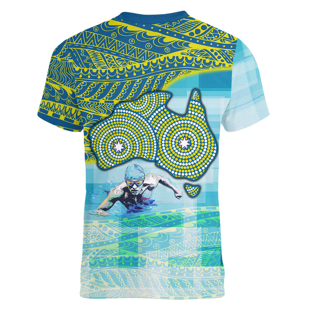 Australia Men National Water Polo Team Women V-Neck T-Shirt Aboriginal Dot Art Style Patriotic Aquatic Sport