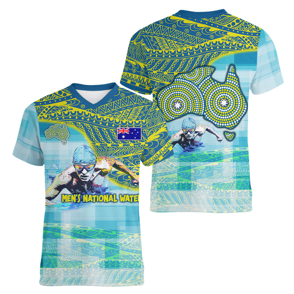 Australia Men National Water Polo Team Women V-Neck T-Shirt Aboriginal Dot Art Style Patriotic Aquatic Sport
