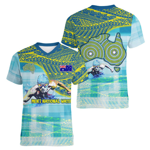 Australia Men National Water Polo Team Women V-Neck T-Shirt Aboriginal Dot Art Style Patriotic Aquatic Sport