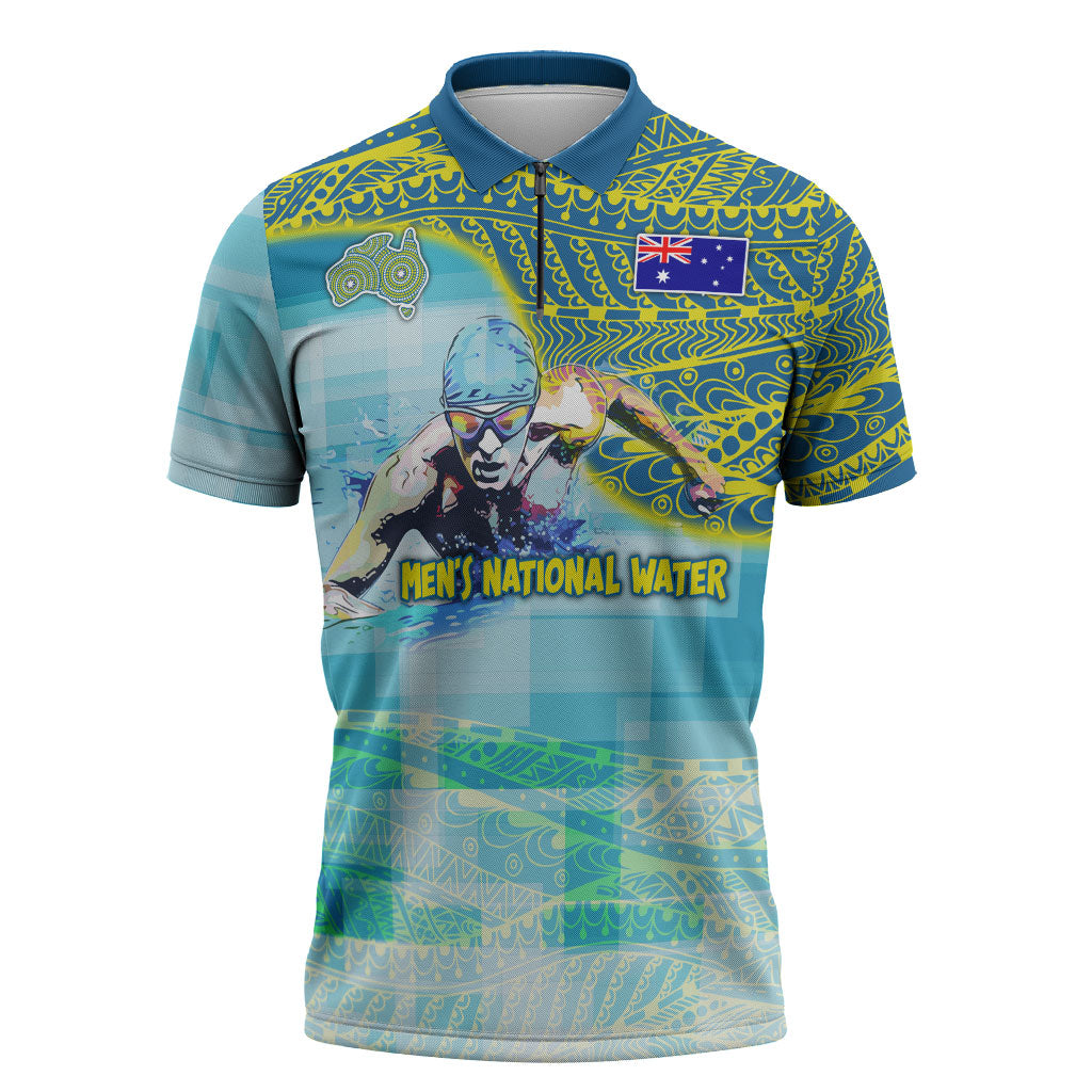 Australia Men National Water Polo Team Zipper Polo Shirt Aboriginal Dot Art Style Patriotic Aquatic Sport