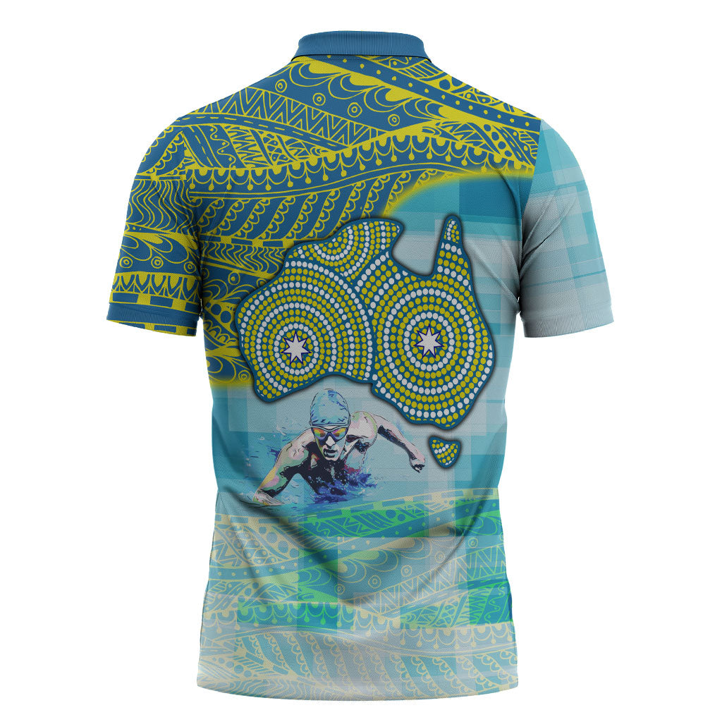 Australia Men National Water Polo Team Zipper Polo Shirt Aboriginal Dot Art Style Patriotic Aquatic Sport