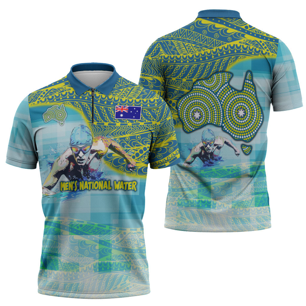 Australia Men National Water Polo Team Zipper Polo Shirt Aboriginal Dot Art Style Patriotic Aquatic Sport